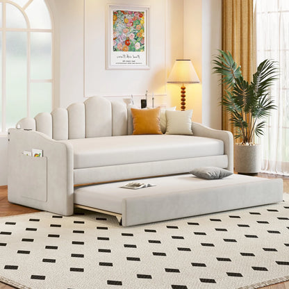 MODERNLUXE Twin Size Daybed with Trundle,Velvet Upholstered Day Bed Frame with USB Charging Ports and Side Pocket,Wood Slat Support,No Box Spring Needed,White