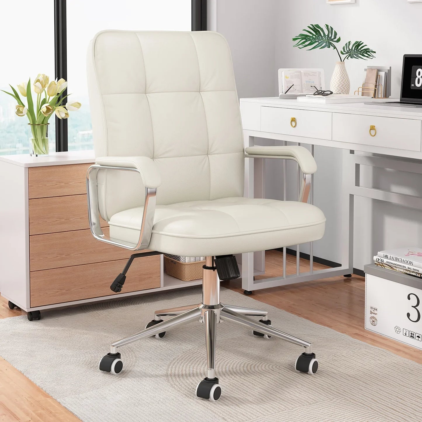 Ninecer Home Office Desk Chair, Comfy Desk Chair, Executive Office Chair with Wheels, Computer Chair for Adults, White