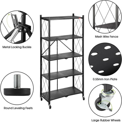 5 tier Storage Shelf, Foldable Shelf with Wheels,Storage Rack on Wheel, Foldable Shelf Unit, Foldable Storage Shelf Garage Shelves and Racks, Heavy Duty Metal Shelf, Kitchen Storage Shelf(2 PACK)