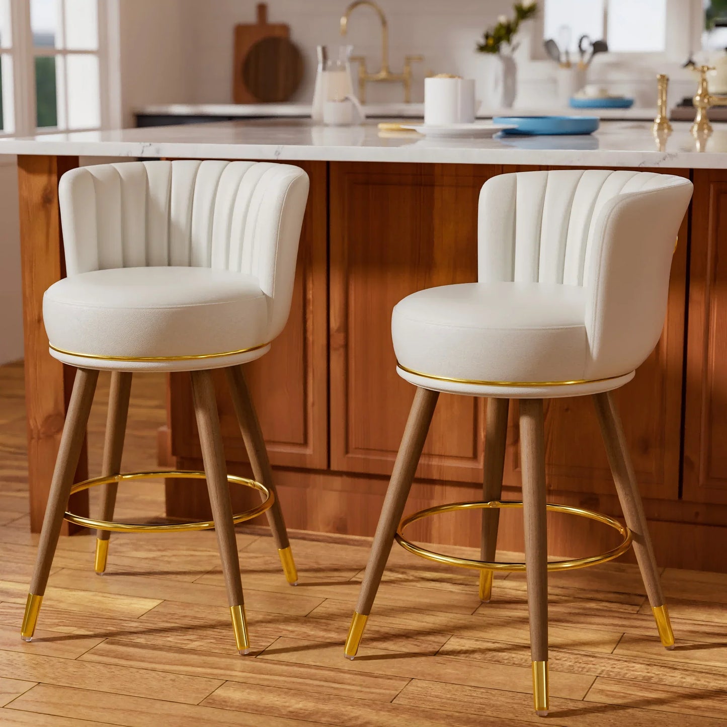 Ninecer 24" Classic Bar Stools, Modern Swivel Counter Stools, PU Leather Counter Chairs, White (Set of 2)