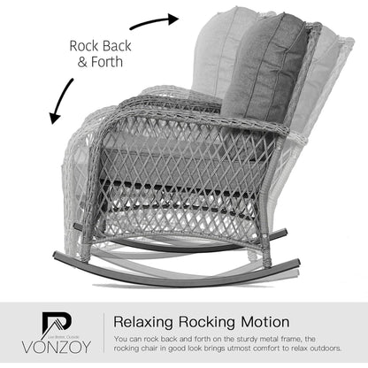 Poteban 3-Piece Outdoor Rocking Chairs, Wicker Patio Furniture with Thickened Cushions and Table for Porch(Light Gray)