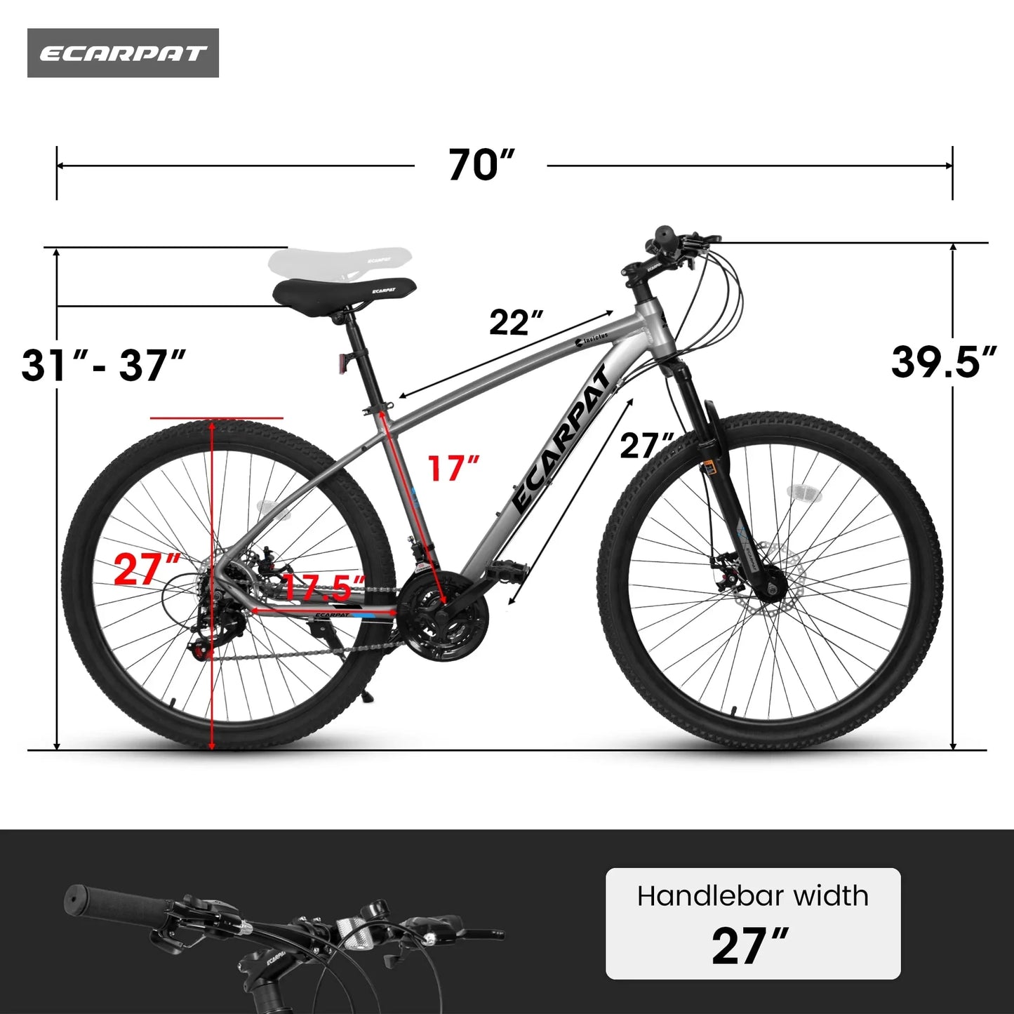 27.5 inch Mountain Bike for Men, Aluminum Mountain Bike with Shimano 21 Speed, Disc Brake, Gray