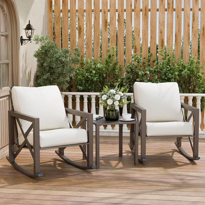 ELPOSUN Rocking Bistro Set, 3 Piece Outdoor Patio Furniture Set with 2 Rockers and 1 Metal Coffee Table, Rattan Conversation Sets with Thick Cushions for Backyard, Porch, Poolside (Beige)