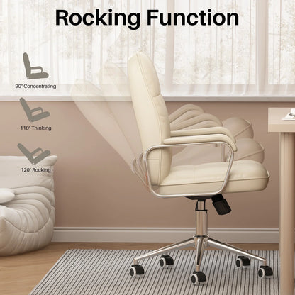 HomeZeer Executive Office Chair 300lbs, Mid Back Support Computer Desk Chairs with Armrests, Height Adjustable Ergonomic Task Chair for Home Office PU Leather Rolling Swivel Office Chair, White