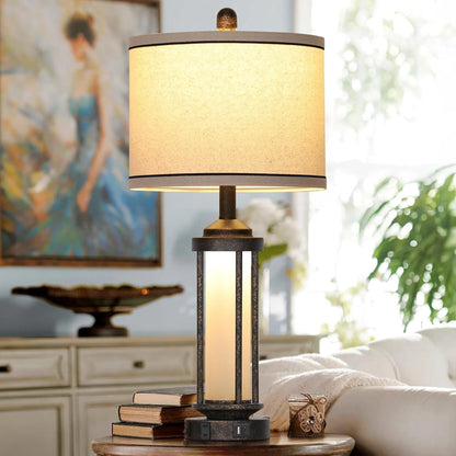 Cinkeda Table Lamps with USB A C Charging Ports AC Outlet Glass Night Light Vintage Industrial Gold Bedside Lamp Set of 2 for Living Room Bedroom Office
