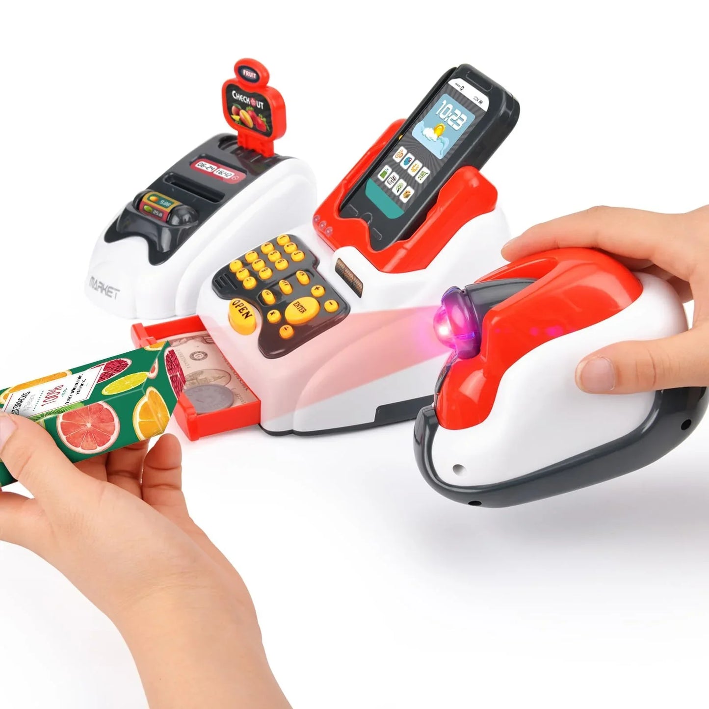 JUGAAD LIFE Toy Cash Register for Kids, with Checkout Scanner,Fruit Card Reader, Credit Card Machine, Play Money and Food Shopping Play Set, Pretend Play Learning Toys for Boys Girls Toddlers