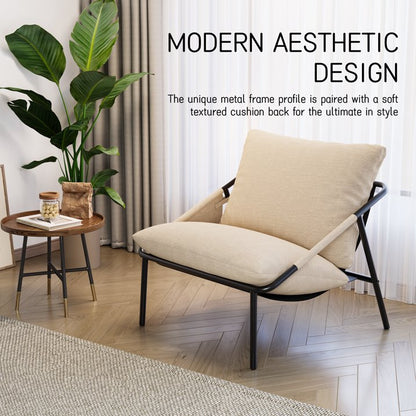 Sling Accent Chair, Modern Comfy Metal Framed Armchair with Side Pockets, Mid-Century Lounge Chair for Living Room Bedroom Reception Room - Beige