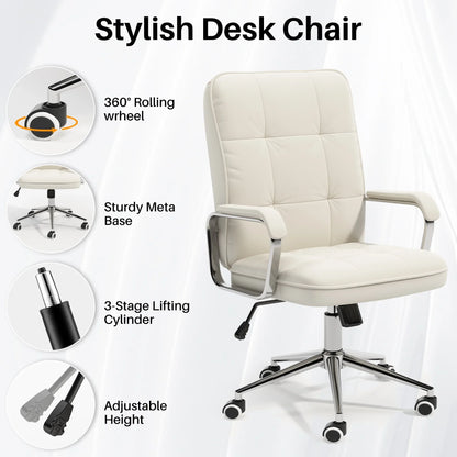 HomeZeer Executive Office Chair 300lbs, Mid Back Support Computer Desk Chairs with Armrests, Height Adjustable Ergonomic Task Chair for Home Office PU Leather Rolling Swivel Office Chair, White