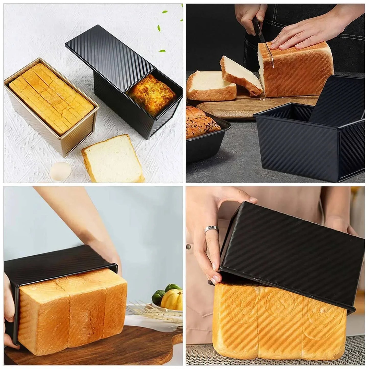 Black Pullman Loaf Pan with Lid, 1 lb Dough Capacity Carbon Steel Bread Toast Box Mold,Non-Stick Bakeware for Baking Bread,9 Inch