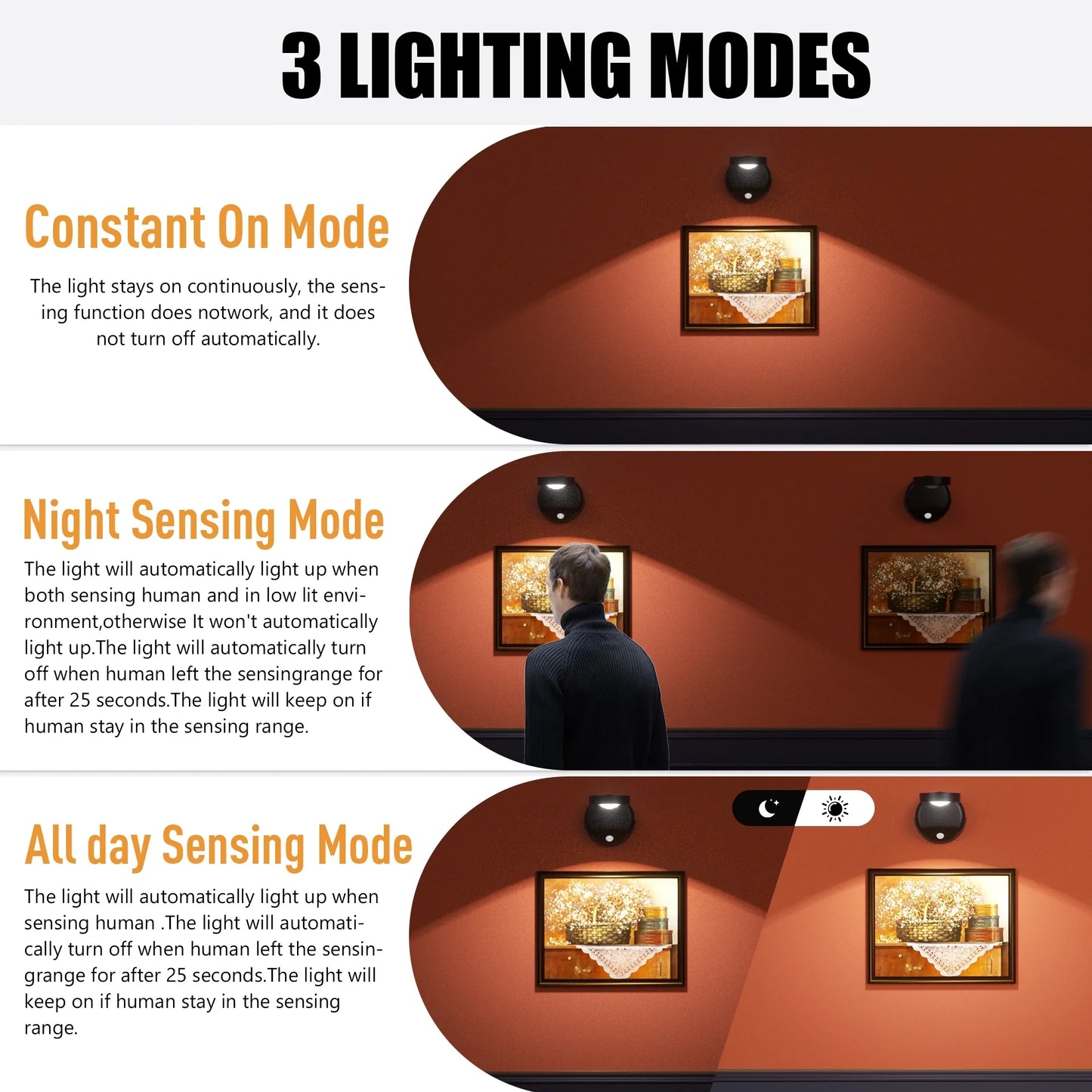 DAYBETTER LED Motion Sensor Picture Lights Battery Operated, 360 Degree Rotatable, 3 Color Temperature, for Bedroom, Painting (1Pack-Black)
