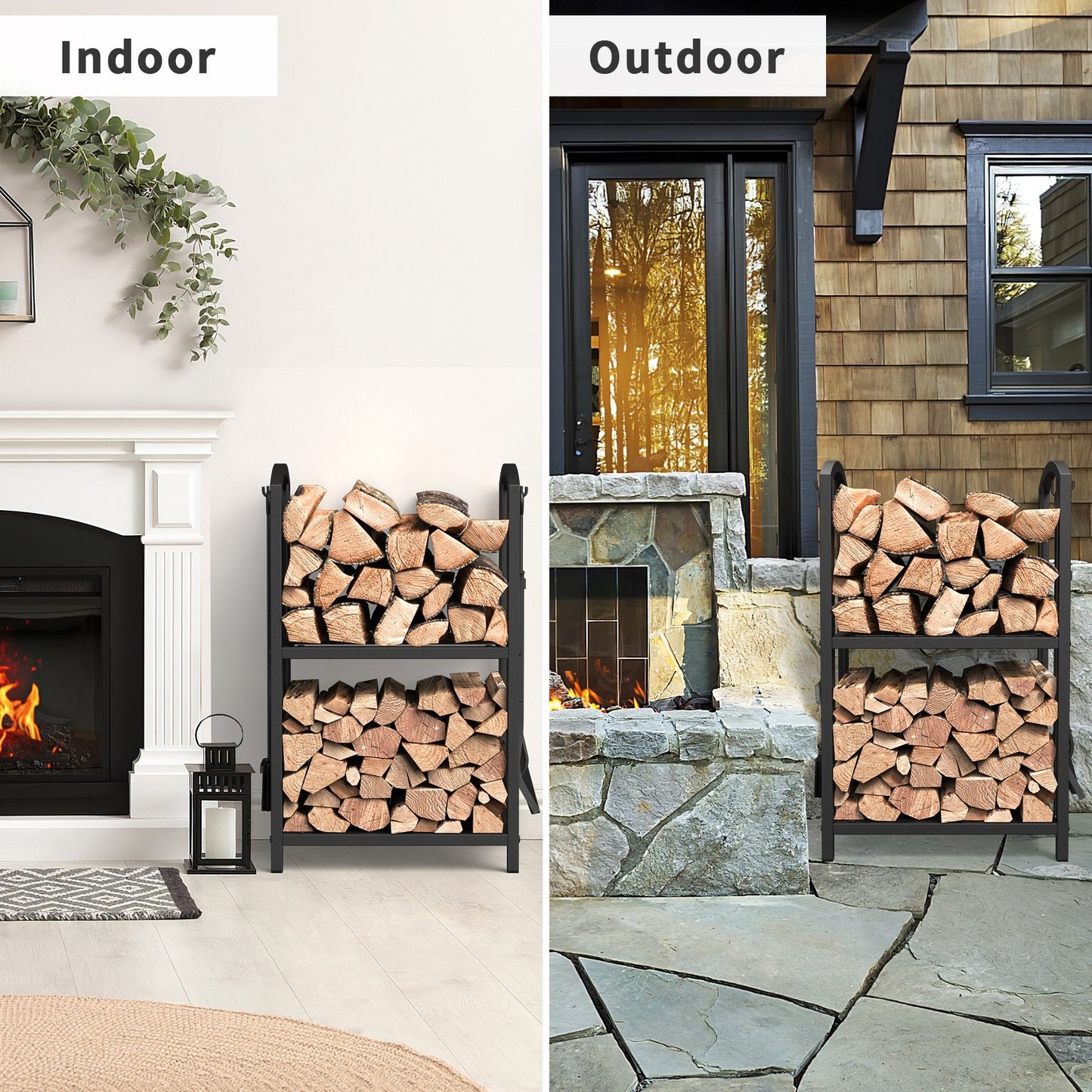 JOZ Firewood Rack with Fireplace Tools Set, Fireplace Tool Rack for Indoor Outdoor Fire Log Holder Wrought Iron Large Wood Stove with Firepit Tools, Brush, Shovel, Poker, Tongs, Black
