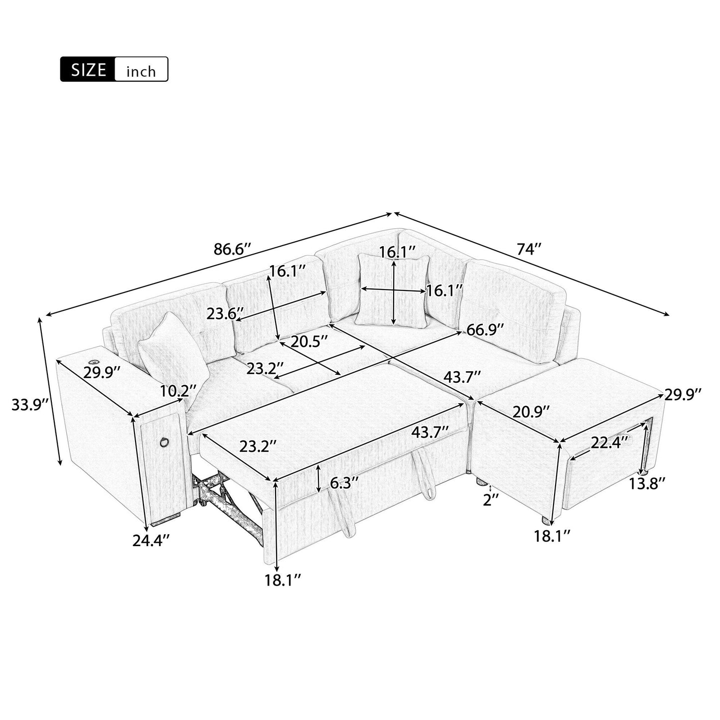Churanty Sectional Sleeper Sofa with Pull Out Bed, L-Shape Sectional Corner Couch with Movable Ottoman, Chenille Sectional Sofa with USB Ports and Cup Holders for Living Room, Grey