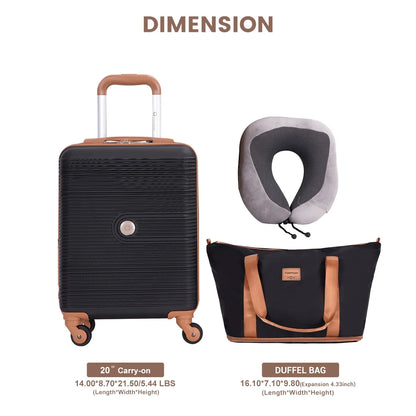 Carry on Luggage Set 3 Piece hardshell TSA Lock Spinner Wheels Suitcase with Travel Bag and Neck Pillow.(Black)