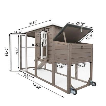 PETSCOSSET 75" Chicken Coop 2-Story Large Wooden Chicken Cage with Wheels, Nesting Box, Asphalt Roof, Removable Tray and Ramp for 1-4 Chickens, Grey