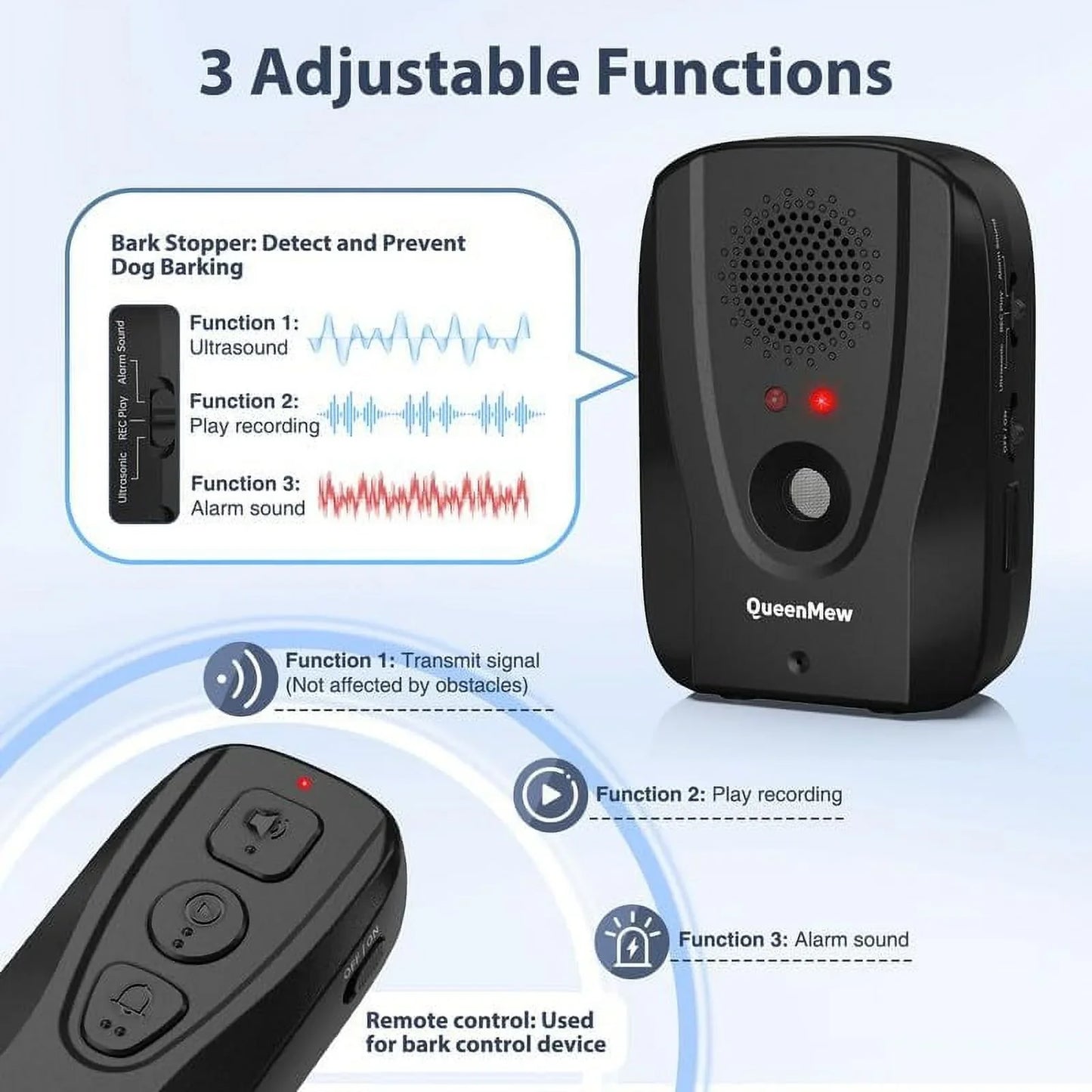 Dog Bark Deterrent Devices With Remote Control, Anti Barking Device Range Up To 33 Ft, Dog Barking Control Devices With Recording And 3 Adjustable Functions, Sonic Bark Deterrent Suitable For One Dog