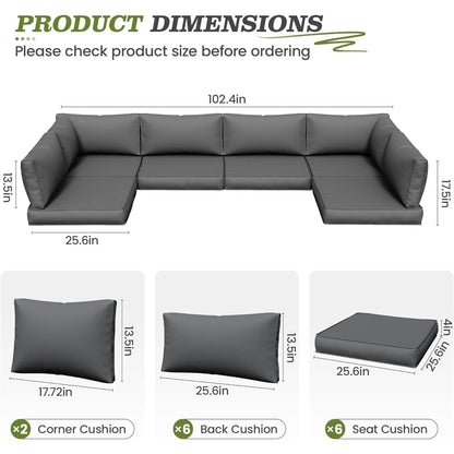 Poteban Outdoor Cushions for Patio Furniture Replacement, Waterproof Patio Furniture Cushions, Deep Seat Patio Cushions, Patio Seat Cushions for Outdoor Sectional (Grey)
