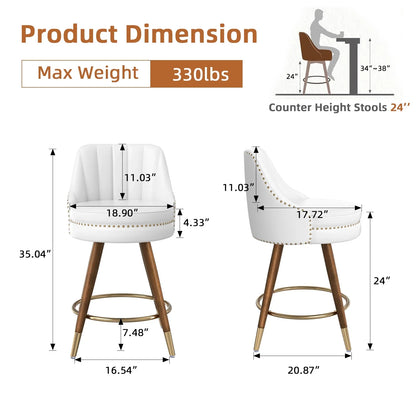 Ninecer 24" Swivel Counter Height Chairs, Modern PU Leather Bar Stools with Thick Cushion and Footrest, White (Set of 2)