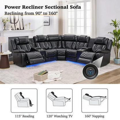 Othniel Power Reclining Sectional Couch with Bass Speaker Ambient Light USB Port,Cup Holder Black