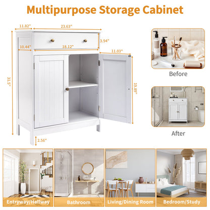 Zimtown White Wooden 2-Door Bathroom Cabinet Storage Organizer with 2 Shelves& 1 Drawer Free Standing