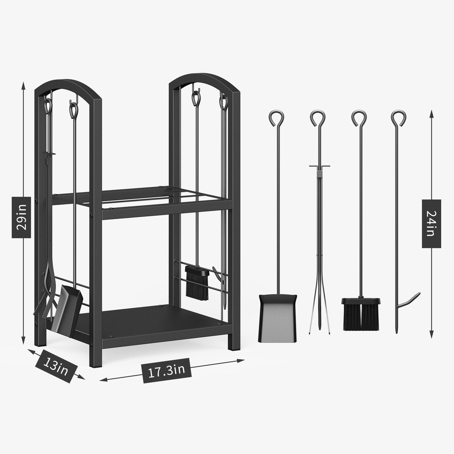 JOZ Firewood Rack with Fireplace Tools Set, Fireplace Tool Rack for Indoor Outdoor Fire Log Holder Wrought Iron Large Wood Stove with Firepit Tools, Brush, Shovel, Poker, Tongs, Black
