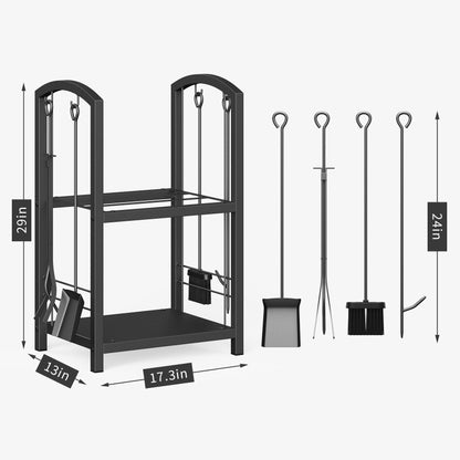 JOZ Firewood Rack with Fireplace Tools Set, Fireplace Tool Rack for Indoor Outdoor Fire Log Holder Wrought Iron Large Wood Stove with Firepit Tools, Brush, Shovel, Poker, Tongs, Black