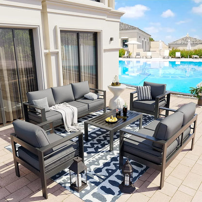 Poteban Aluminum Patio Furniture Set, Modern Metal Outdoor Patio Furniture, 8 Pieces Patio Conversation Sets with Side Table for Poolside, Deck, Gray