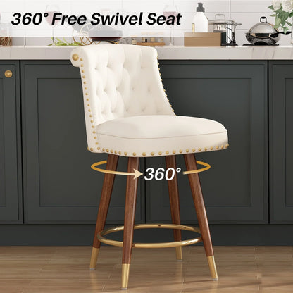 HomeZeer 24" Bar Stools Set of 4, Swivel Counter Height Bar Stools with Back and Footrest, Velvet Upholstered Bar stools with Solid Wood Legs, Button Tufted Barstools for Kitchen Island,Beige