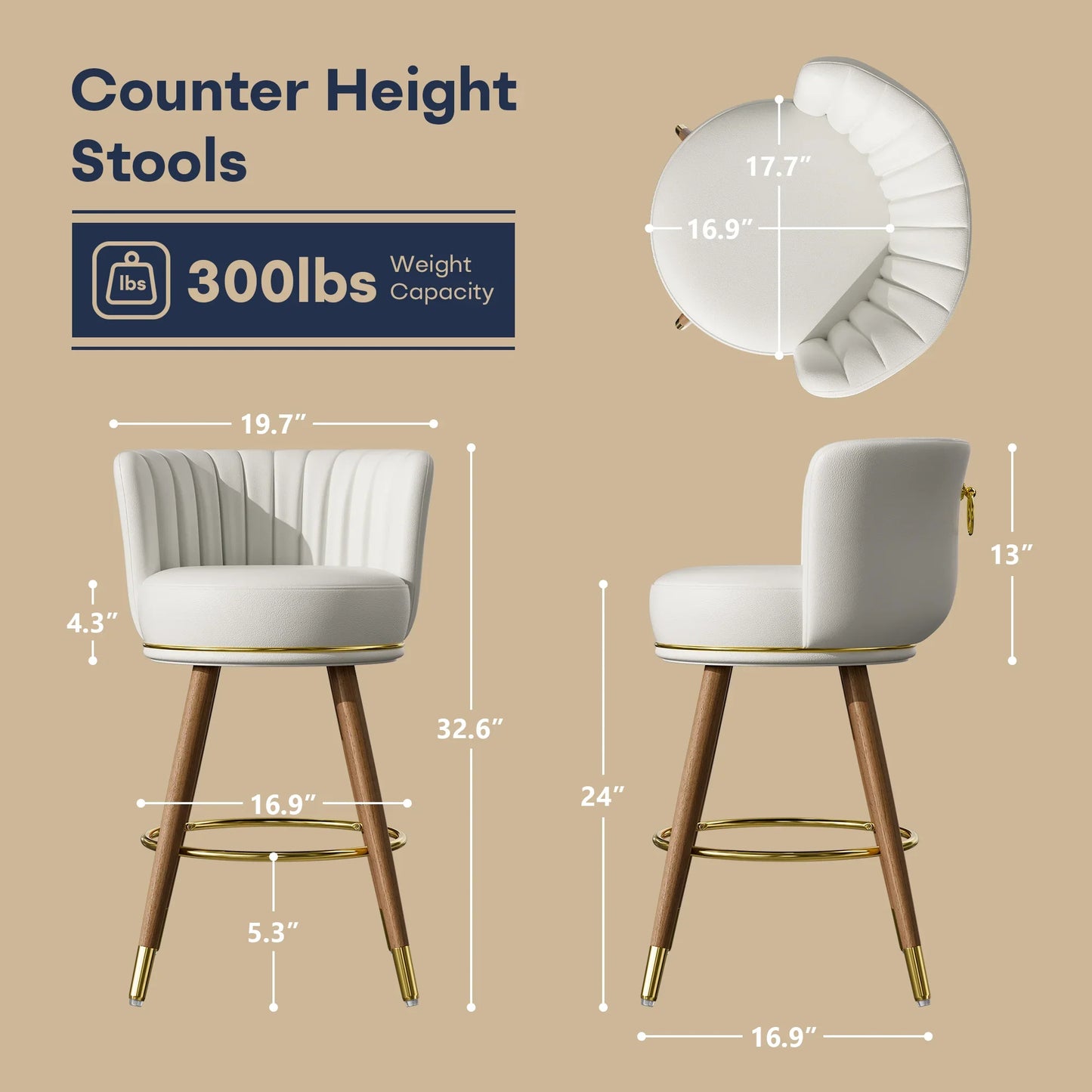Ninecer 24" Classic Bar Stools, Modern Swivel Counter Stools, PU Leather Counter Chairs, White (Set of 2)