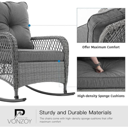 Poteban 3-Piece Outdoor Rocking Chairs, Wicker Patio Furniture with Thickened Cushions and Table for Porch(Light Gray)