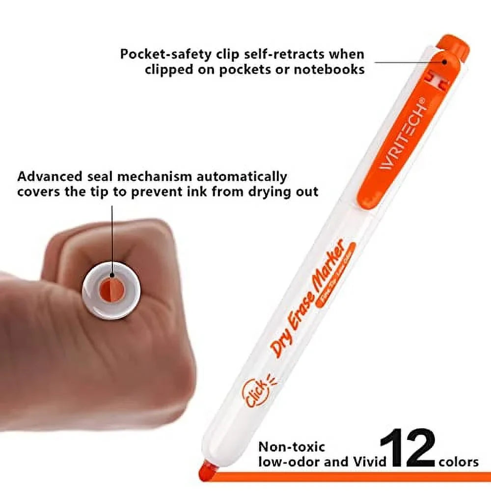 WRITECH Retractable Dry Erase Markers: Fine Tip Assorted Colors Low Odor Multi Colored Set Kid Adult Refillable Clickable Multicolor Thin Point Whiteboard Marker Bulk 12ct No Bleed Smear
