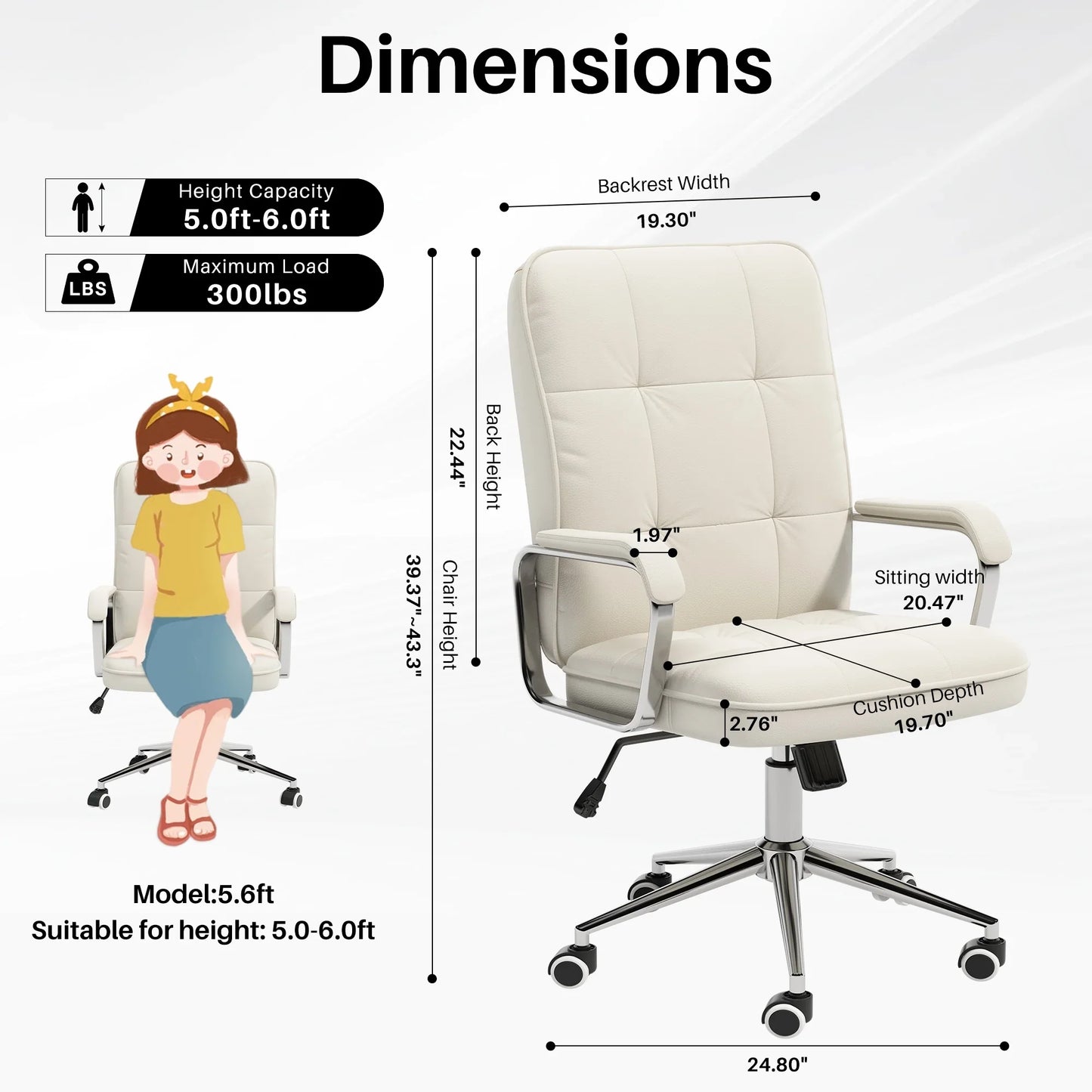 HomeZeer Executive Office Chair 300lbs, Mid Back Support Computer Desk Chairs with Armrests, Height Adjustable Ergonomic Task Chair for Home Office PU Leather Rolling Swivel Office Chair, White