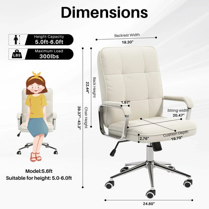 HomeZeer Executive Office Chair 300lbs, Mid Back Support Computer Desk Chairs with Armrests, Height Adjustable Ergonomic Task Chair for Home Office PU Leather Rolling Swivel Office Chair, White