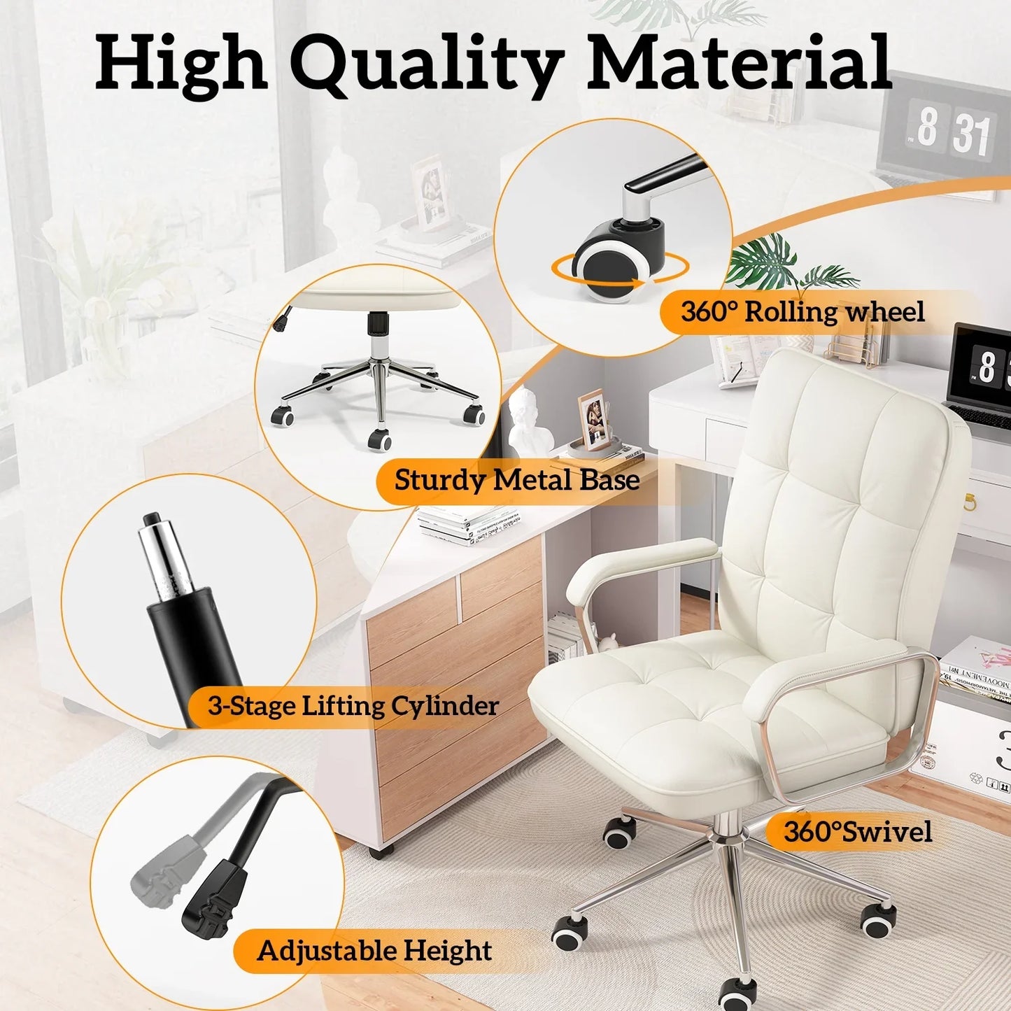 Ninecer Home Office Desk Chair, Comfy Desk Chair, Executive Office Chair with Wheels, Computer Chair for Adults, White