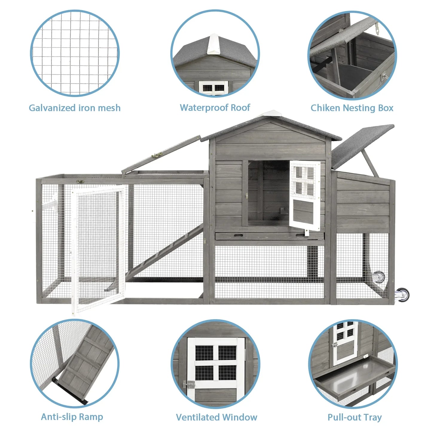 PETSCOSSET 78.7" Chicken Coop with Run Large Wooden Chicken House with Wheels, Combinable, Gray