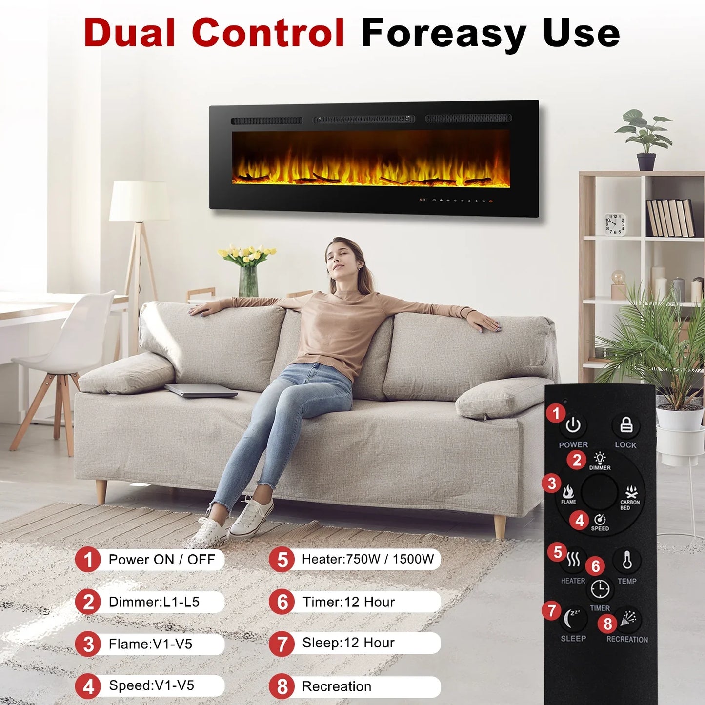 60 inch Electric Fireplace in-Wall Recessed, Wall Mounted Fireplace Heater, Linear Fireplace with Multicolor Flame, Timer, Low Noise, 750/1500W, Touch Screen & Remote Control