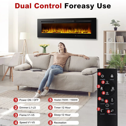 60 inch Electric Fireplace in-Wall Recessed, Wall Mounted Fireplace Heater, Linear Fireplace with Multicolor Flame, Timer, Low Noise, 750/1500W, Touch Screen & Remote Control