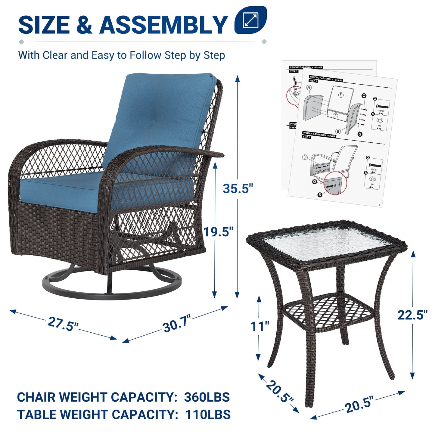 Poteban Outdoor Swivel Rocker Chairs, 3 Piece Patio Rocking Chairs with Padded Cushions Patio Bistro Furniture Set with Side Table for Porch Balcony Backyard