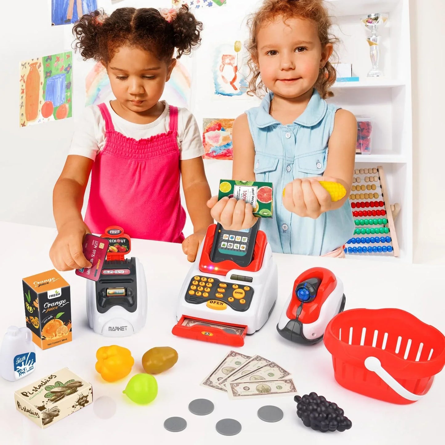 JUGAAD LIFE Toy Cash Register for Kids, with Checkout Scanner,Fruit Card Reader, Credit Card Machine, Play Money and Food Shopping Play Set, Pretend Play Learning Toys for Boys Girls Toddlers