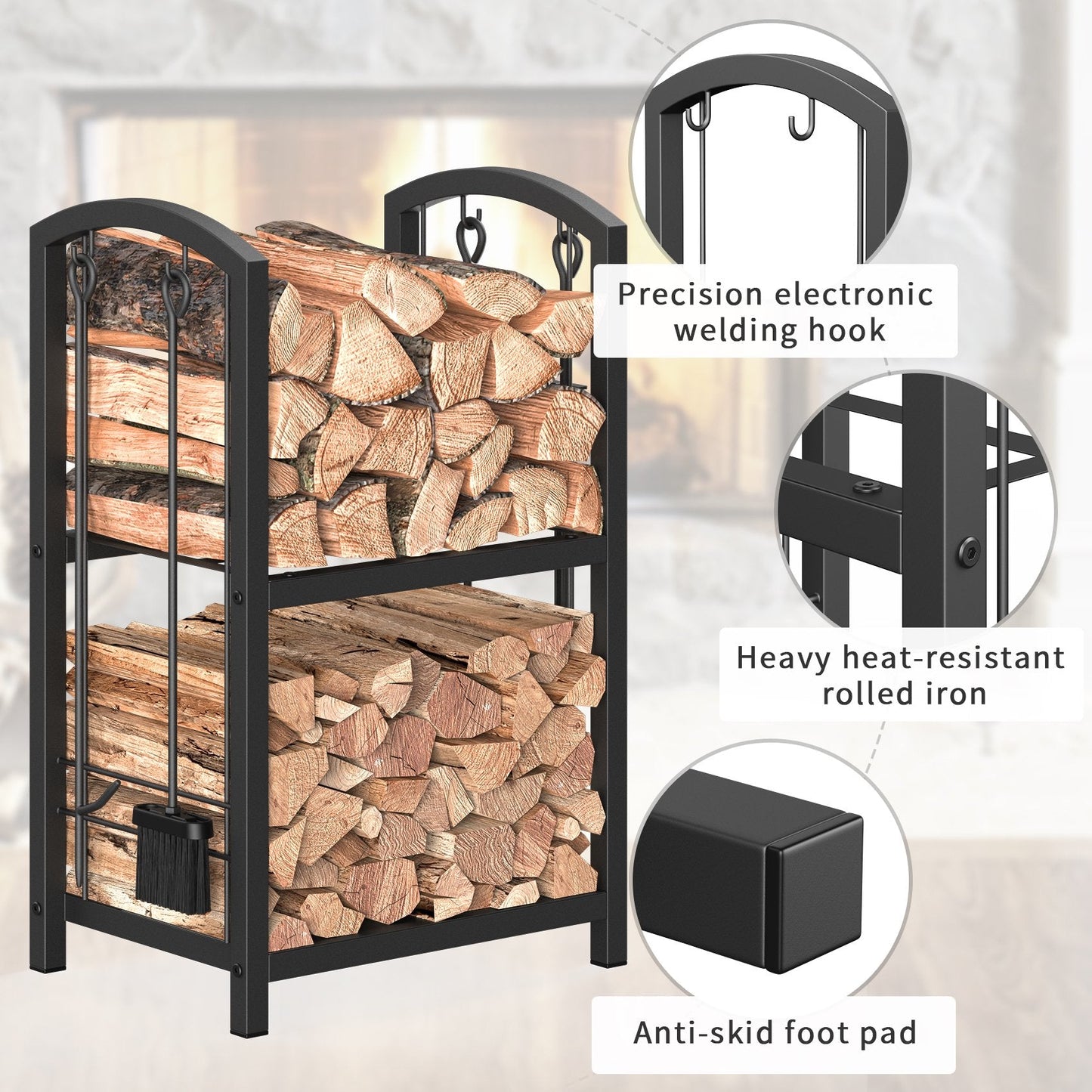JOZ Firewood Rack with Fireplace Tools Set, Fireplace Tool Rack for Indoor Outdoor Fire Log Holder Wrought Iron Large Wood Stove with Firepit Tools, Brush, Shovel, Poker, Tongs, Black
