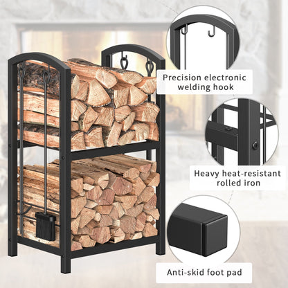 JOZ Firewood Rack with Fireplace Tools Set, Fireplace Tool Rack for Indoor Outdoor Fire Log Holder Wrought Iron Large Wood Stove with Firepit Tools, Brush, Shovel, Poker, Tongs, Black
