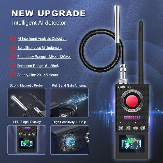 Hidden Camera Detector, G66 Pro Bug Detector with LED Display, GPS Detector Bug Sweeper Listening Device Detector, Infrared Hidden Camera Finder for Hotels, Travels, Cars, Offices