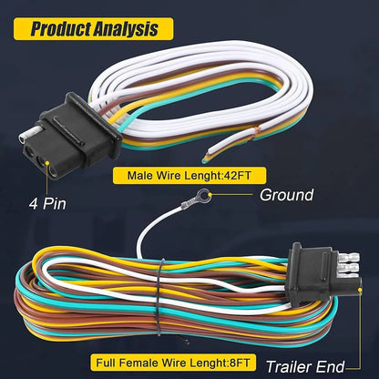 EXERAUO Trailer Wiring Kit, 50ft Wiring Harness with 4 Way Flat, Waterproof 18 Gauge 4 Pin Wiring Kit for Utility Trailer, Marine, Boat