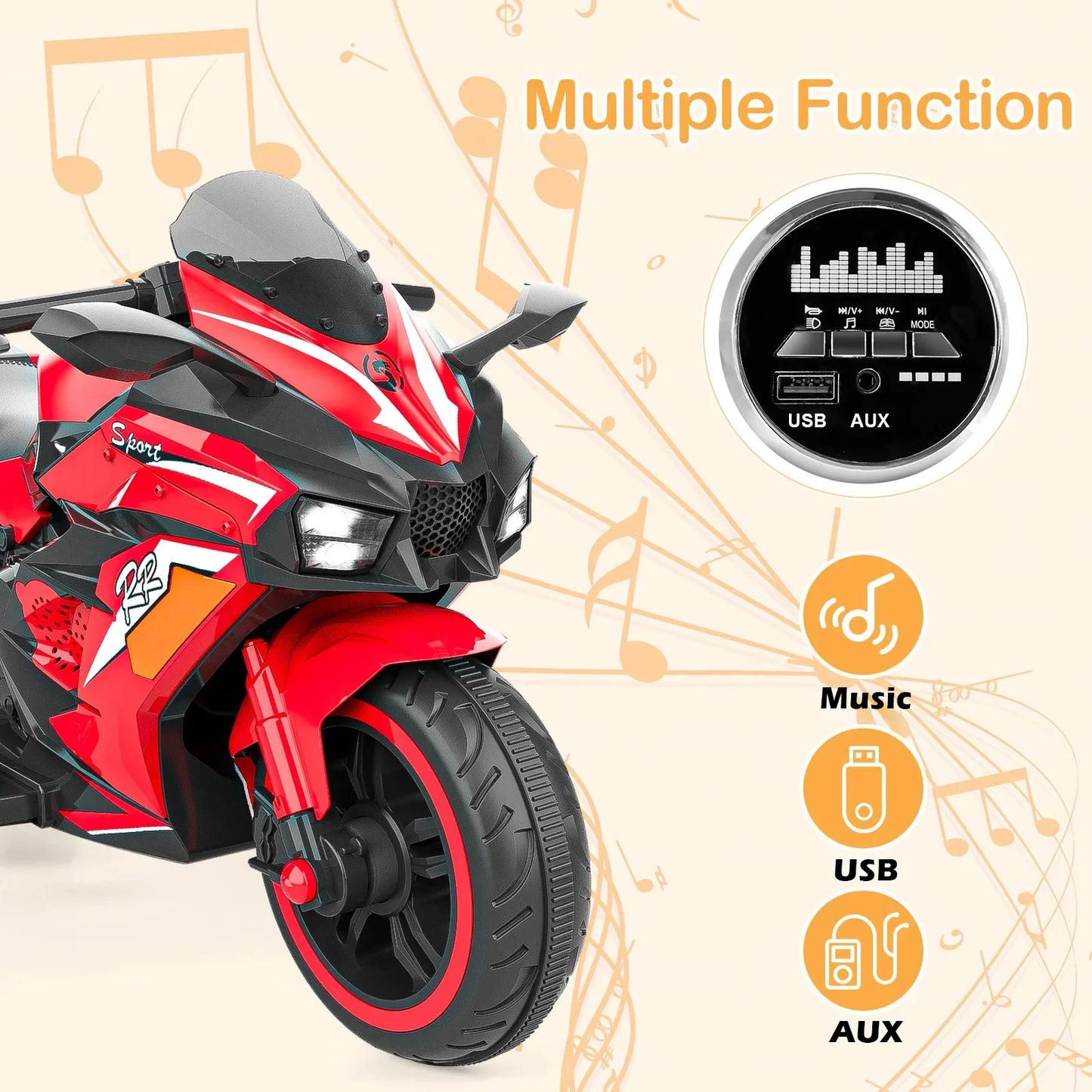 HONGLONG 12V Kids Ride on Motorcycle, 2 Wheels Motorbike for Kids with Training Wheels, Lights, Music Red