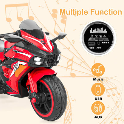HONGLONG 12V Kids Ride on Motorcycle, 2 Wheels Motorbike for Kids with Training Wheels, Lights, Music Red