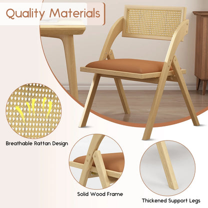Ninecer Modern Dining Chair, Folding Wooden Dining Chair with Rattan Backrest, Brown (Set of 2)