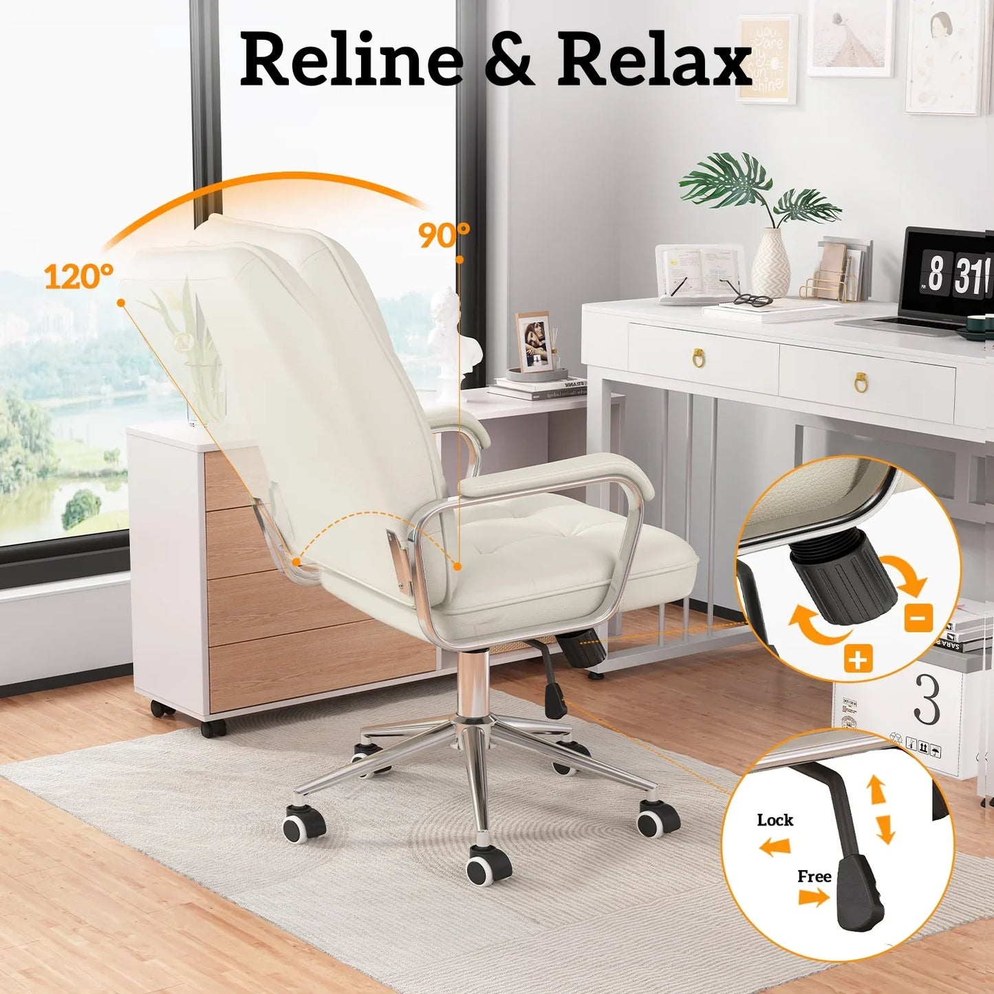 Ninecer Home Office Desk Chair, Comfy Desk Chair, Executive Office Chair with Wheels, Computer Chair for Adults, White