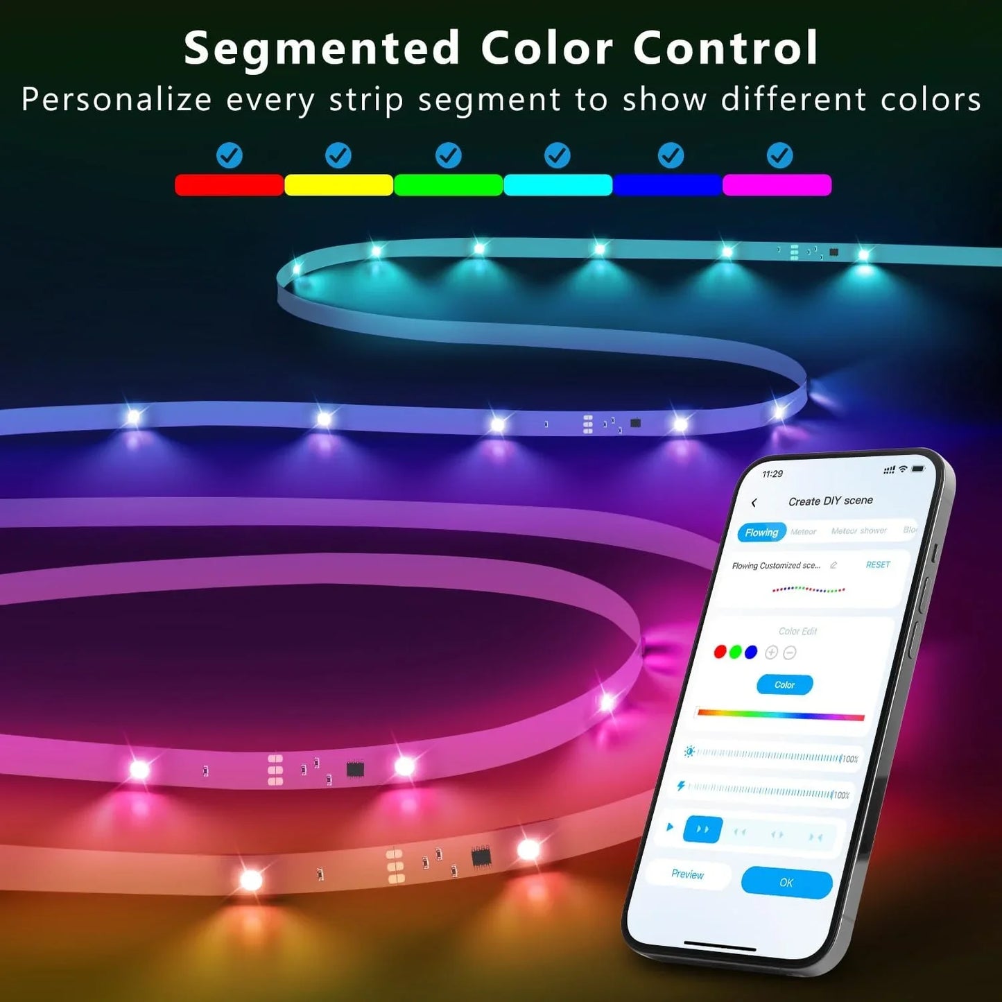 DAYBETTER 16.4ft LED Strip Lights for Bedroom,Smart RGBIC Home Decor,Segmented Color Changing on App