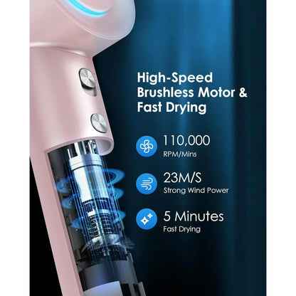 Hair Dryer, Blow Dryer, 110, 000 RPM Brushless Motor, 3 Heat Settings, 360 Rotating Magnetic Nozzle, High-Speed Low Noise Hair Dryer for Home and Trave (Pink)