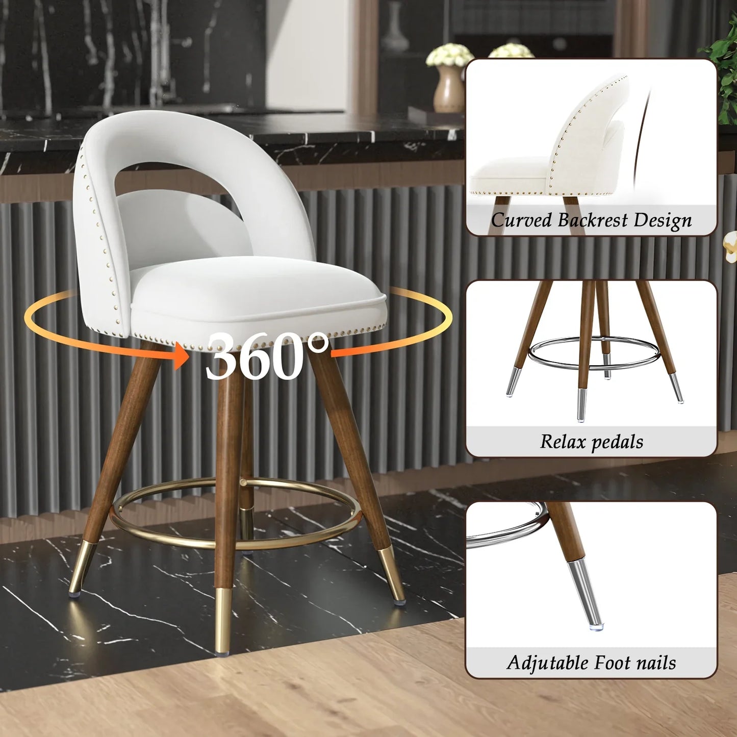 Ninecer 24" Swivel Counter Bar stools, Modern Velvet Barstools with Soft Backrest for Kitchen Dining Room, White (Set of 2)