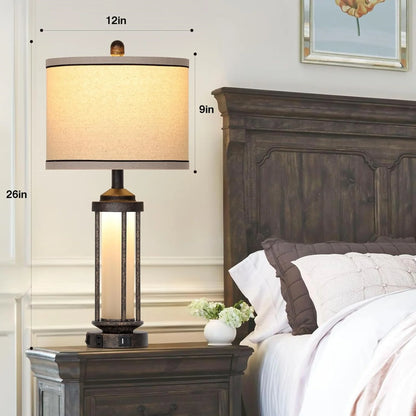 Cinkeda Table Lamps with USB A C Charging Ports AC Outlet Glass Night Light Vintage Industrial Gold Bedside Lamp Set of 2 for Living Room Bedroom Office